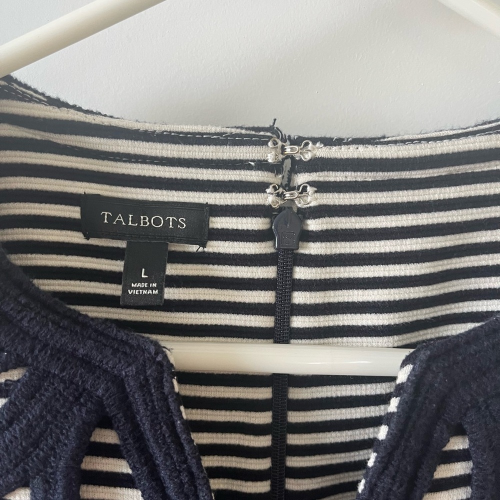 Talbots Navy and White Striped Sheath Midi Dress with Embroidered Detail Large - Picture 3 of 5
